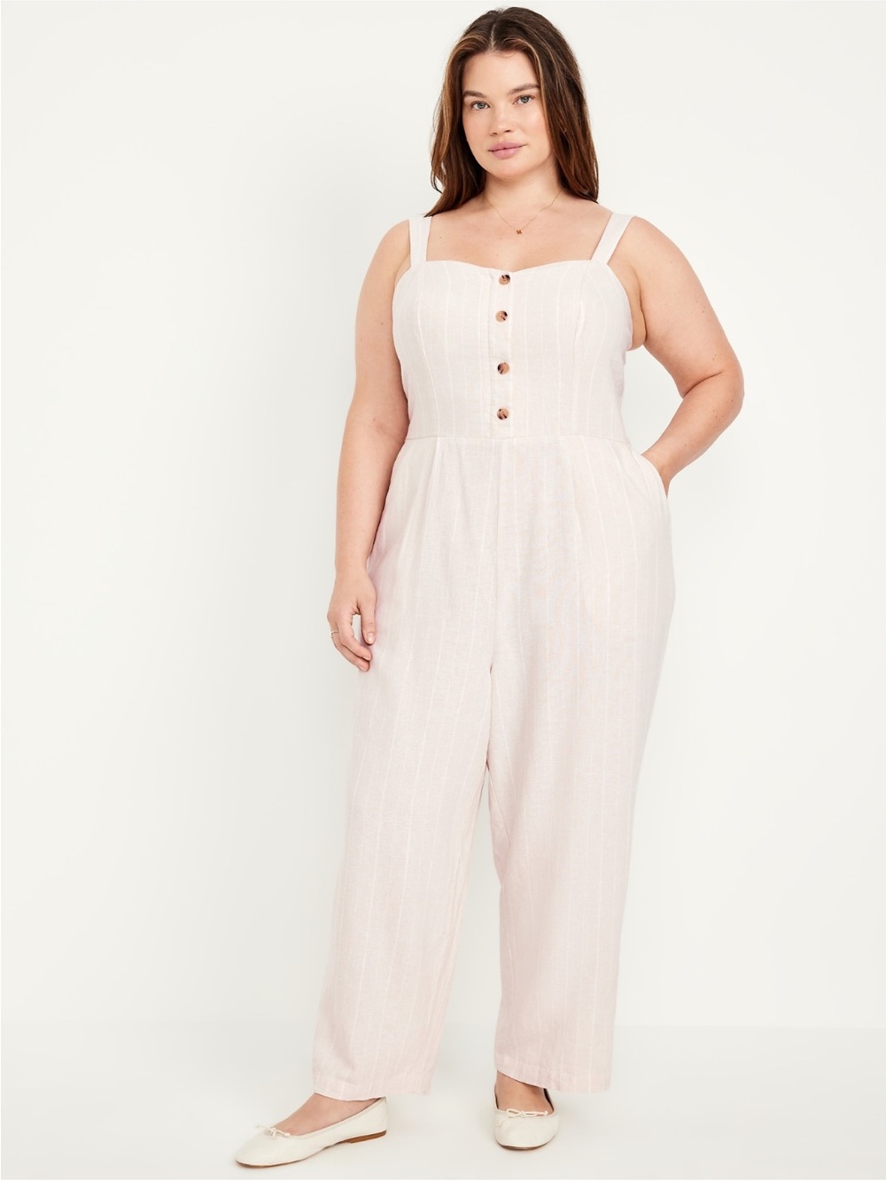 Old Navy Neutral Stripe Button-Front Linen-Blend Cami Jumpsuit